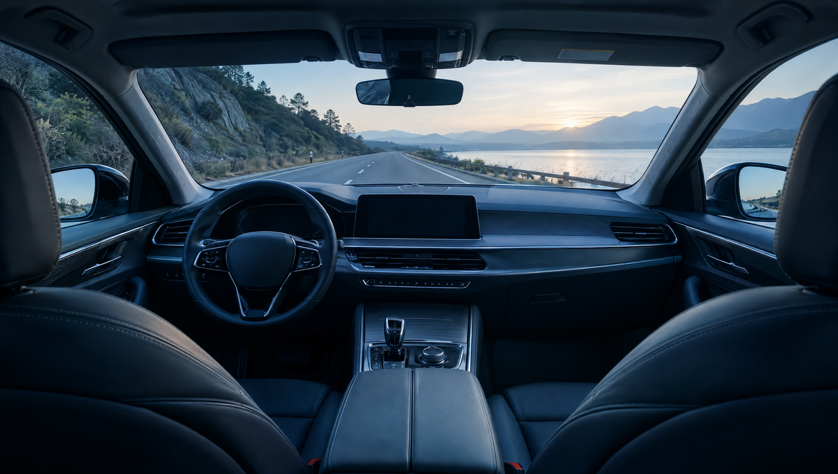 The inside of a clean car cabin seen from the back seat